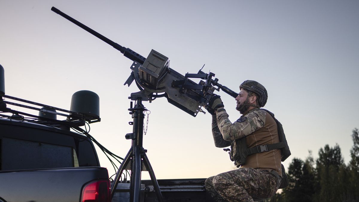 CHERNOBYL, UKRAINE - AUGUST 28: Rifleman (machine gunner's assistant) Daniiil Serhiiovych Nabatov, call sign "Nabat", of the mobile fire group in action during a training deployment in the Chornobyl Exclusion Zone on August 28, 2025 in Chernobyl, Ukraine. (Photo by Danylo Dubchak Frontliner/Getty Images)