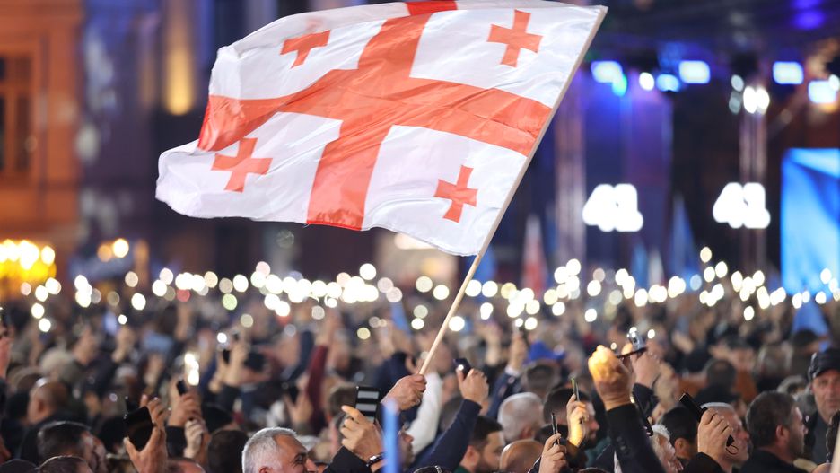 Georgian Dream Party is organizing election rally in the capital Tbilisi ahead of the general elections to be held on October 26
TBILISI, GEORGIA - OCTOBER 23: Citizens and Georgian Dream Party supporters, carrying flags of Georgia and the Georgian Dream Party, attend the Georgian Dream Party's election rally within the scope of the general elections to be held on October 26 at the Freedom Square in Tbilisi, Georgia on October 23, 2024. Rustaveli Avenue was also closed to traffic due to the crowd. (Photo by Davit Kachkachishvili/Anadolu via Getty Images)
Anadolu
rally, election rally, georgia, party rally, georgian dream party, october 26, general elections