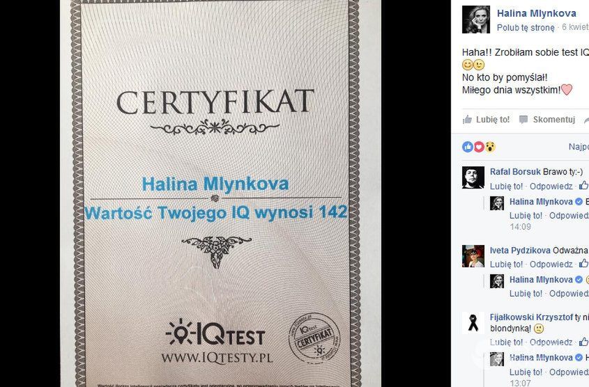 Halina Mlynkova pochwaliła się wynikiem testu na IQ