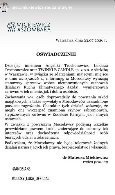 Oświadczenie prawnika Andziaks