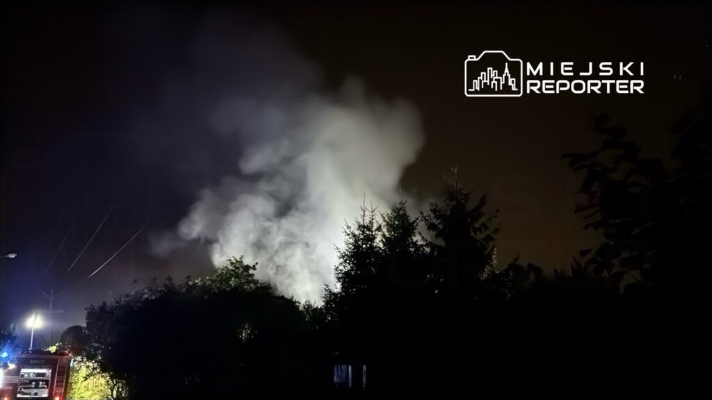 Gęsty dym unoszący się nad drzewami w ciemnej scenerii nocnej, w tle widoczny wóz strażacki.