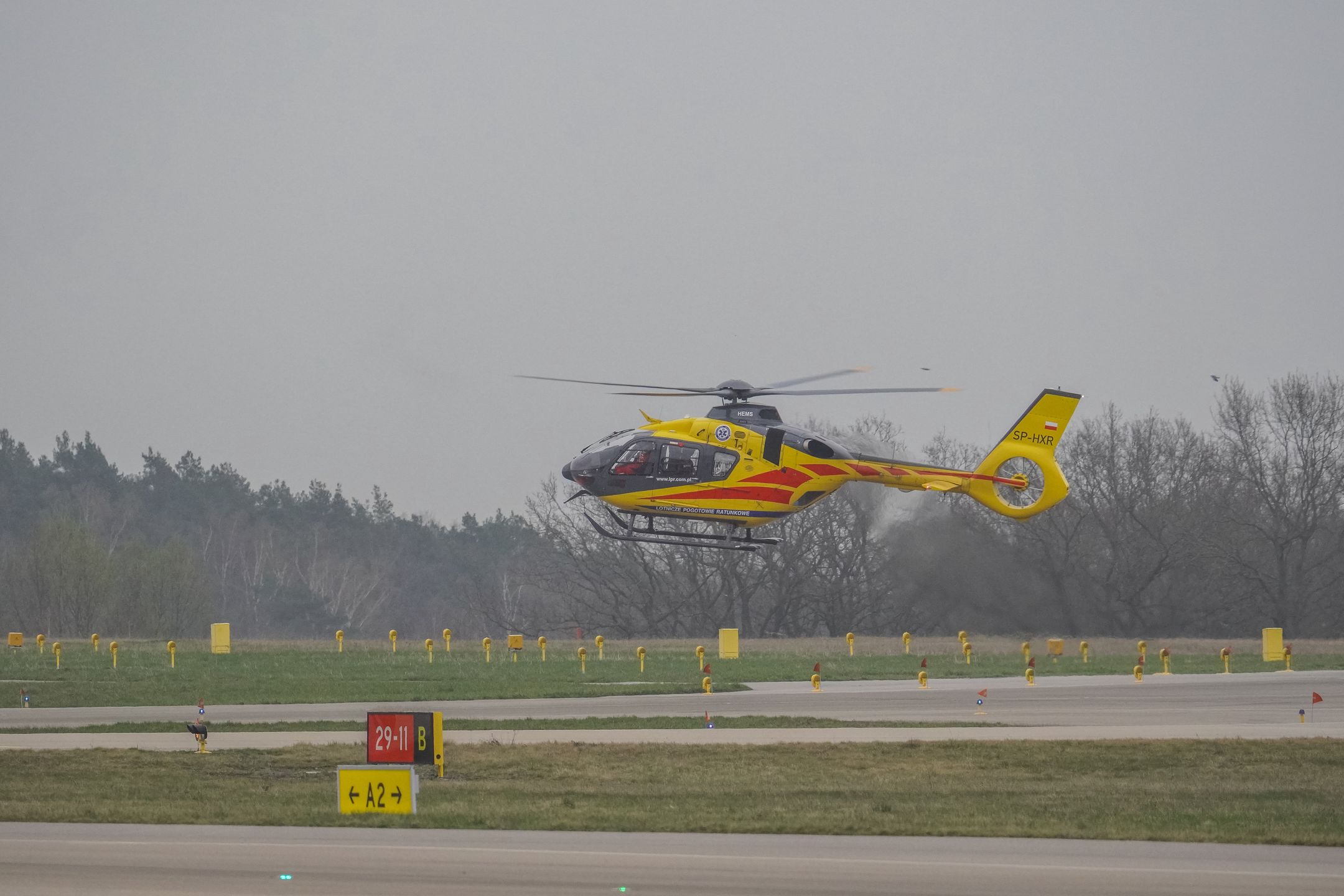 An air ambulance (LPR) Eurocopter helicopter is being seen at Lech Walesa Airport (EPGD) in Gdansk, Poland, on April 1, 2024. (Photo by Michal Fludra/NurPhoto via Getty Images)