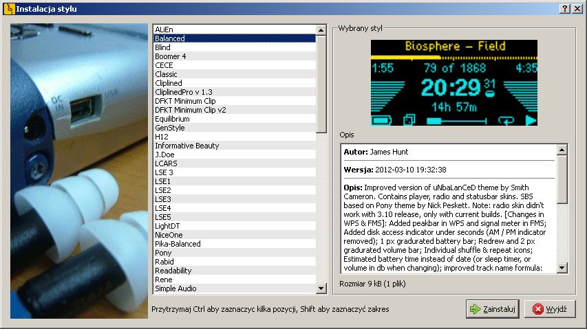 Wybór stylów do zainstalowania w Rockbox Utility