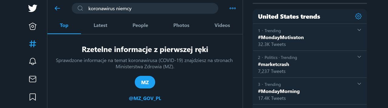 Taki komunikat widzimy na platformie Twitter, gdy wyszukujemy informacji o koronawirusie, fot. Jakub Krawczyński