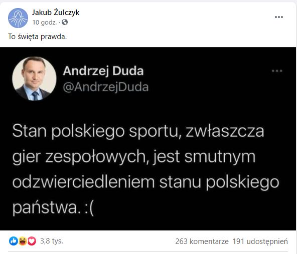 Jakub Żulczyk komentuje przegraną Polaków ze Słowacją, przypominając wpis Andrzeja Dudy z 2013 roku
