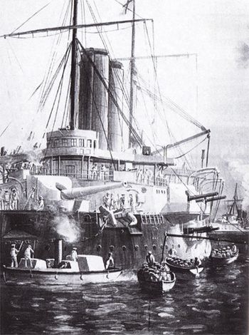 HMS St George i HMS Philomel w czasie wojny w Zanzibarze 