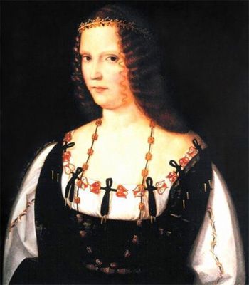 Portret autorstwa Bartolomeo Veneto, przedstawiający prawdopodobnie Lukrecję Borgię, wykonany ok. roku 1510 
