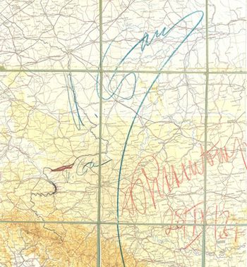 Mapa-załącznik do radziecko-niemieckiego traktatu o granicach i przyjaźni z 28 września 1939 r. z ostatecznym określeniem obszarów Polski zajętych przez ZSRR i Trzecią Rzeszę, niebieski kolor podpis Józefa Stalina, czerwony kolor - podpis Joachima von Ribbentropa 