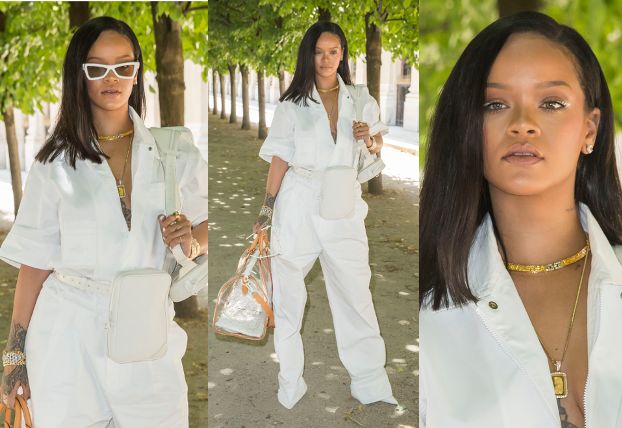Rihanna w kombinezonie roboczym ogląda pokaz Louis Vuitton