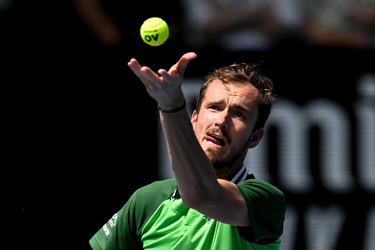 MELBOURNE, AUSTRALIA - JANUARY 24: Daniil Medvedev of Russia in action against Hubert Hurkacz (not seen) of Poland during the Quarter Final match at the Australian Open grand slam tennis tournament at Melbourne Park in Melbourne, Australia on January 24, 2024. (Photo by Stringer/Anadolu via Getty Images)