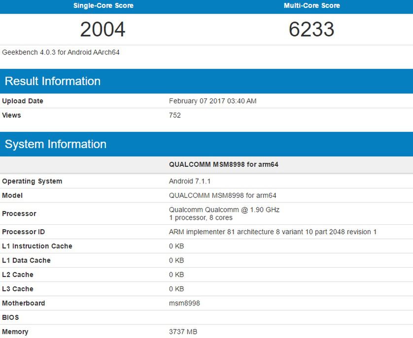 Wyniki sprzętu na Snapdragonie 835 w teście Geekbench 4 (taktowanie układu na poziomie 1,9 GHz)