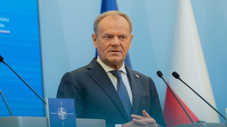 WARSAW, POLAND - 2025/03/26: Prime Minister of Poland Donald Tusk speaks during a press conference. Polish Prime Minister Donald Tusk meets with NATO Secretary General Mark Rutte to discuss Europe's security, military challenges, and hybrid threats from Russia. They also address ongoing negotiations to halt Russian aggression in Ukraine. The meeting highlights NATO's role in collective security and regional stability. (Photo by Marek Antoni Iwanczuk/SOPA Images/LightRocket via Getty Images)