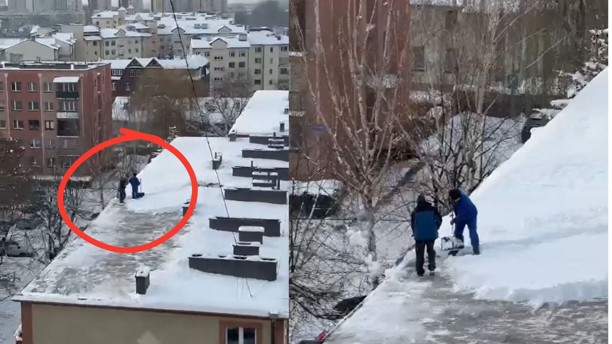 Odśnieżanie dachu na jednym z osiedli zszokowało internautów
