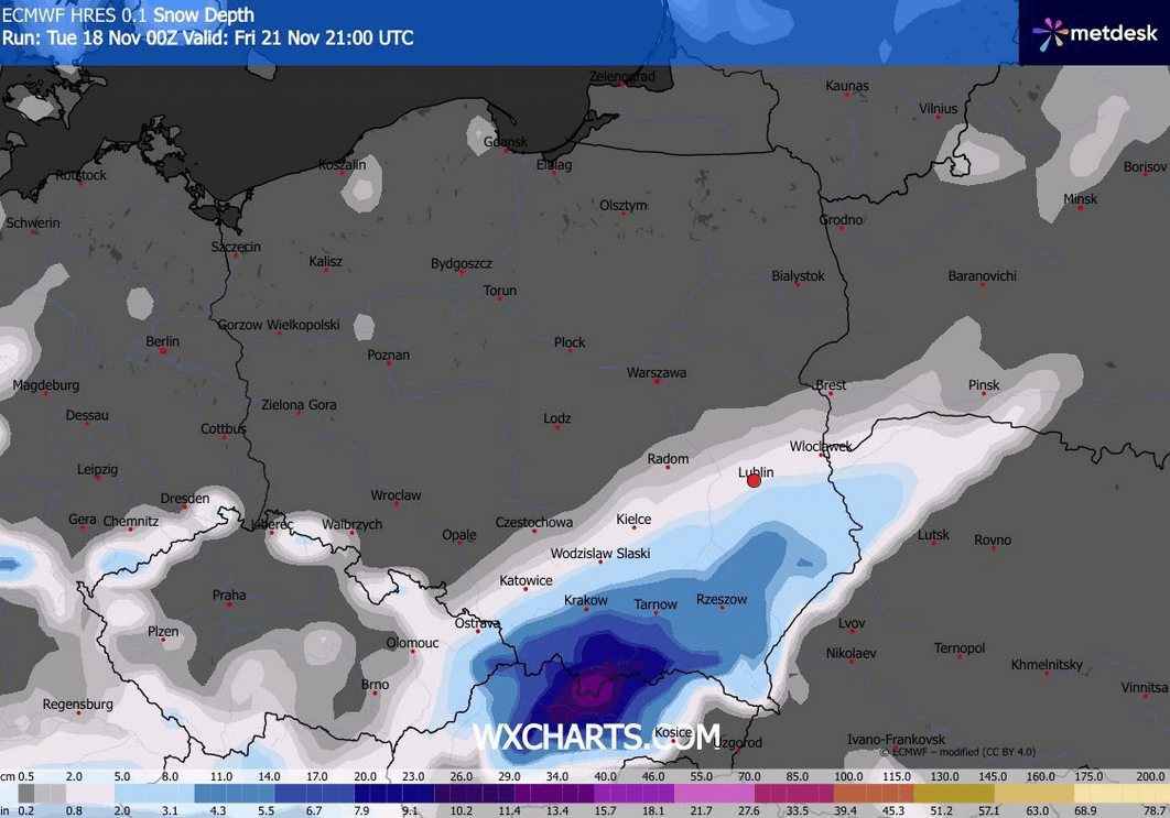 Mapa prognozowanych opadów w piątek 21 listopada
