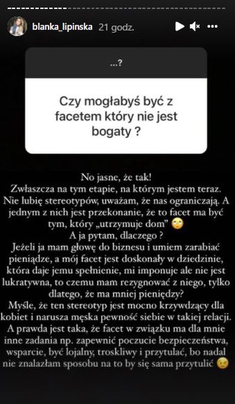 Relacja Blanki Lipińskiej na Instagramie