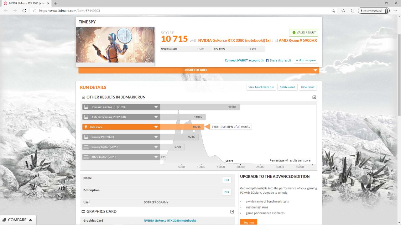 wynik testu z kartą mobilną GeForce RTX 3080 TGP 130