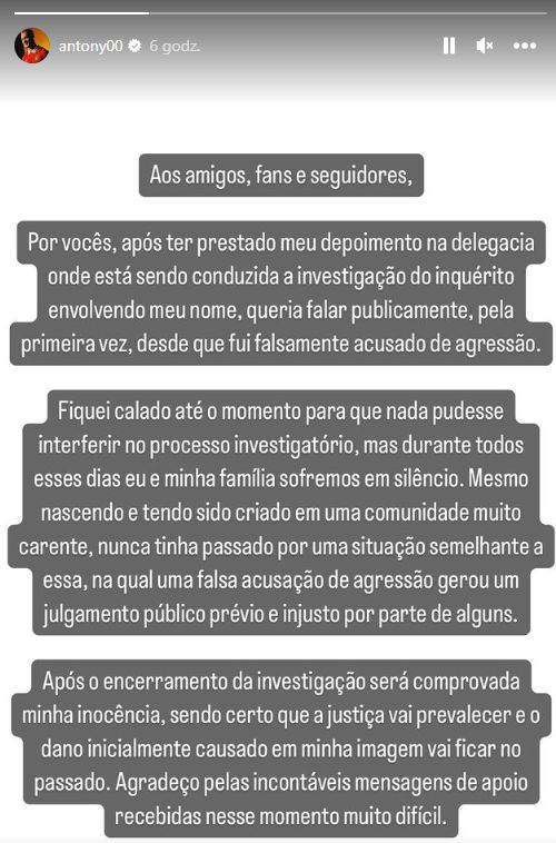 Na zdjęciu: wpis Antony'ego na Instagramie
