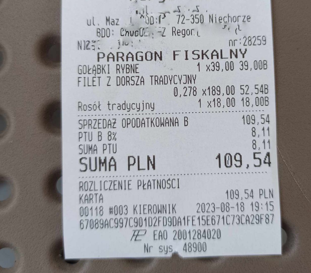 Paragon za obiad dla dwóch osób; Fot. Mat. prywatne czytelniczki