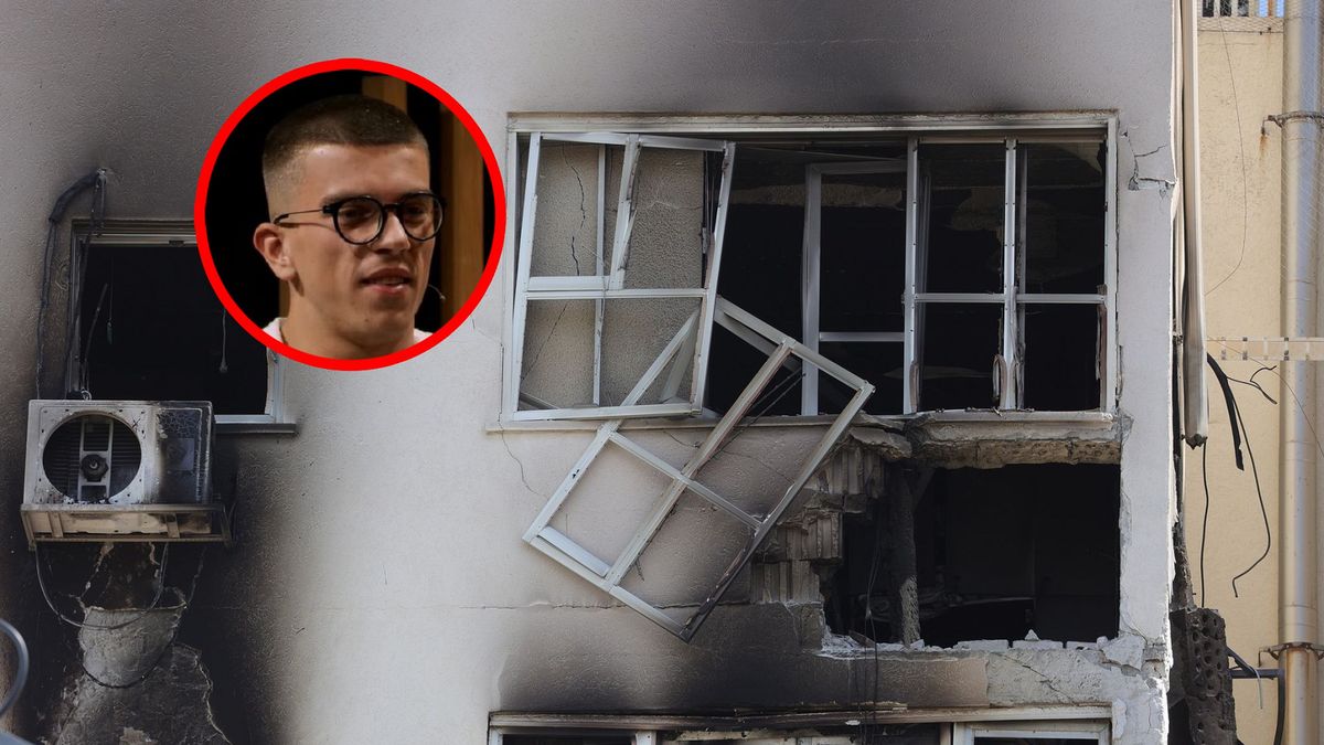 Na zdjęciu: zniszczony budynek w Tel Awiwie, w kółeczku Kacper Błoński