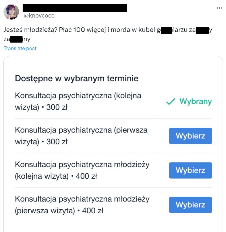 Za wizytę u psychiatry młody człowiek zapłaci więcej niż dorosły