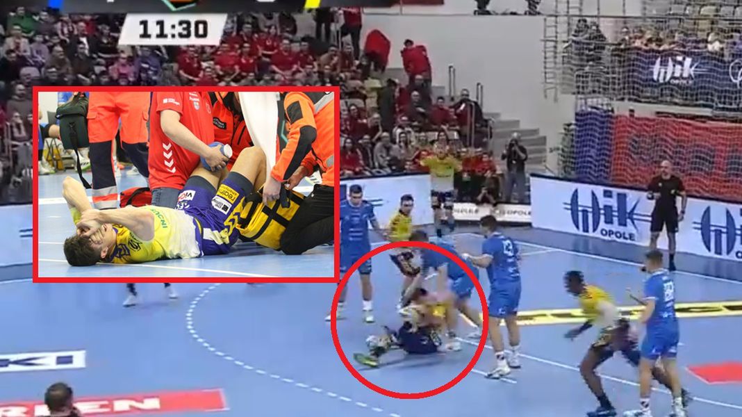 Twitter / Polsat Sport / Na zdjęciu: moment kontuzji Szymona Sićko, w ramce opatrywany przez lekarzy (PAP/Krzysztof Świderski)