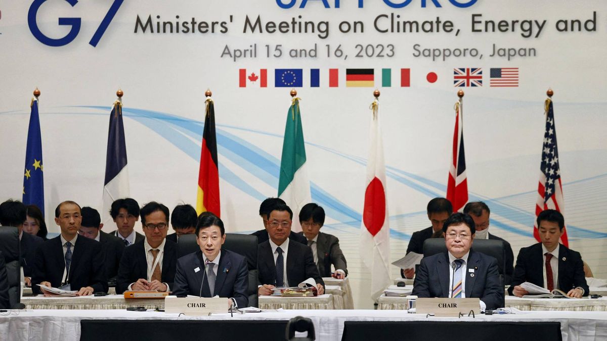 Nishimura Yasutoshi, Japan's Minister of Economy, Trade and Industry, Environment Minister Akihiro Nishimura and other delegates attend the opening session of G7 Ministers? Meeting on Climate, Energy and Environment in Sapporo, Japan April 15, 2023, in this photo released by Kyodo. Mandatory credit Kyodo via REUTERS ATTENTION EDITORS - THIS IMAGE WAS PROVIDED BY A THIRD PARTY. MANDATORY CREDIT. JAPAN OUT. NO COMMERCIAL OR EDITORIAL SALES IN JAPAN
051247+0000
?