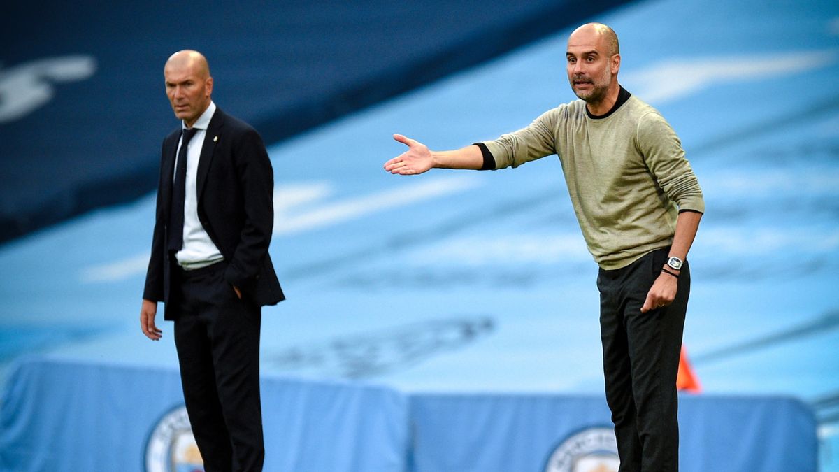 PAP/EPA / Oli Scarff  / Na zdjęciu: Pep Guardiola (z prawej)