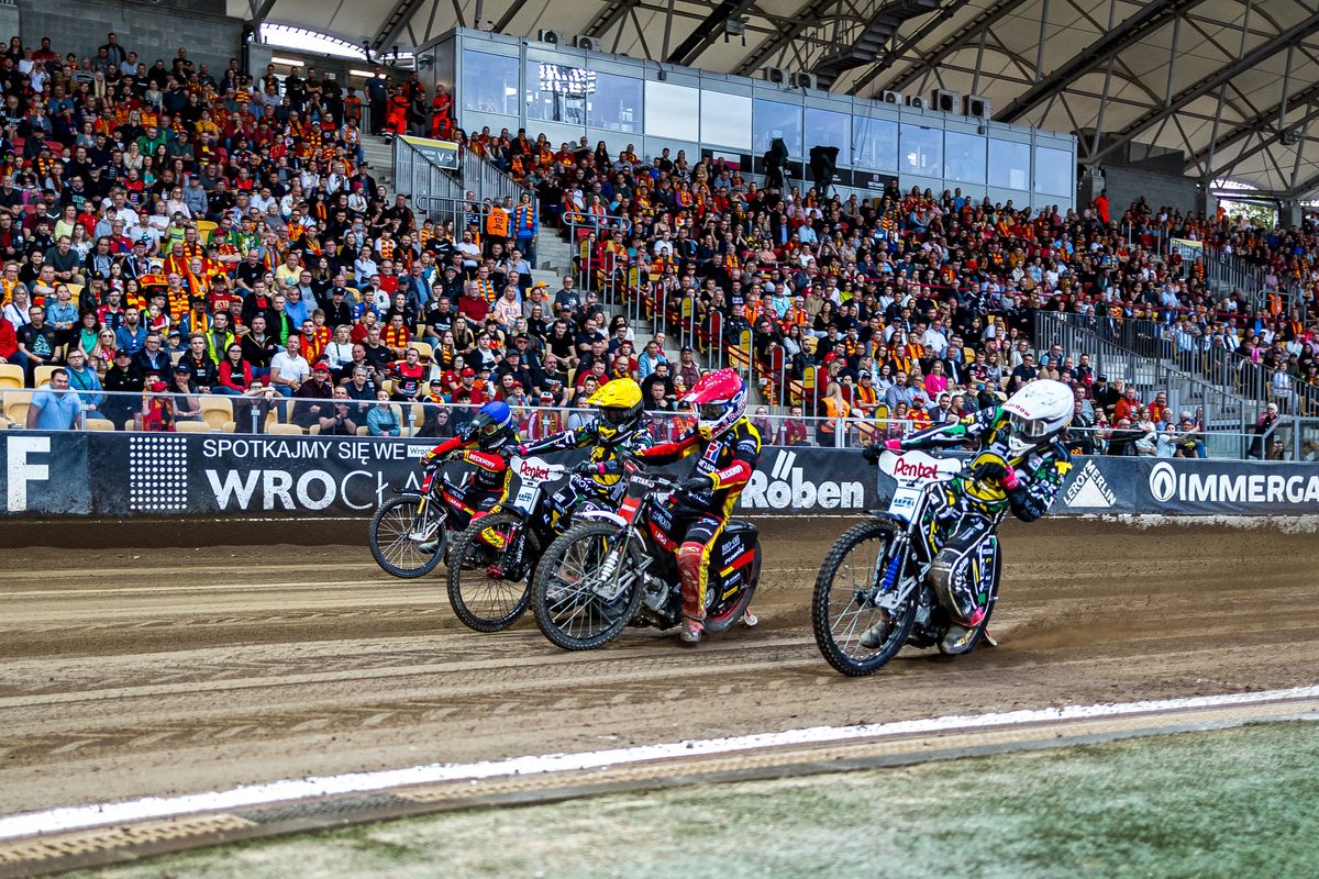 Rasmus Jensen, Maciej Janowski, Przemyslaw Pawlicki, and Marcel Kowolik are competing in a PGE Ekstraliga speedway match between BETARD Sparta Wroclaw and Novyhotel FALUBAZ Zielona Gora in Wroclaw, Poland, on April 12, 2024. (Photo by Mateusz Birecki/NurPhoto via Getty Images)