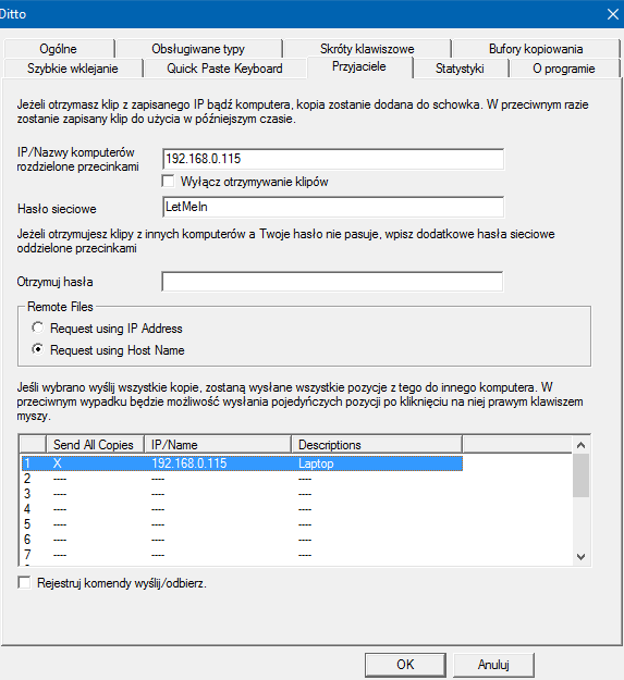 W Ditto konfiguracja udostępniania sieciowego opiera się na uzupełnieniu lokalnych adresów IP lub nazw komputerów, pomiędzy którymi chcemy współdzielić schowek