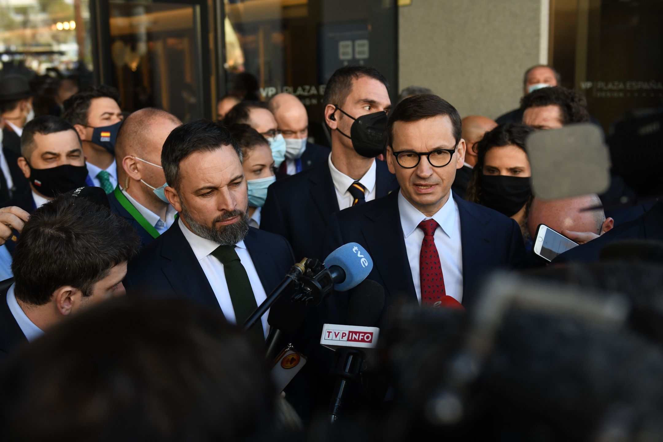 MADRID, SPAIN - JANUARY 29: The president of Vox, Santiago Abascal (right), and the prime minister of Poland, Mateusz Morawiecki (left), make a speech to the media during the summit held this weekend, on 29 January, 2022 in Madrid, Spain. The aim of this meeting is to continue with the work started during the Warsaw Summit, last December, to defend Europe from external and internal threats, promoting an alternative to confront the globalist drift that threatens the European Union by attacking the sovereignty of nations. Santiago Abascal has already traveled several times to Poland and Hungary to analyze the situation with his partners in both parties. (Photo By Fernando Sanchez/Europa Press via Getty Images)