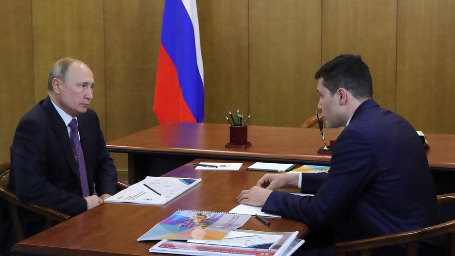 Russian President Putin on working trip to Kaliningrad RegionOctober 31, 2019. - Russia, Kaliningrad Region, Svetlogorsk. - Russian President Vladimir Putin (left) and Kaliningrad Region Governor Anton Alikhanov during a meeting.,Image: 480435507, License: Rights-managed, Restrictions: Editorial use only, Model Release: no, Credit line: Kremlin Pool / Russian Look / ForumKremlin Pool / Russian Look / Forumportrait, politician, statesman, 20191101_gaf_rk70_008.jpg, category_code_new