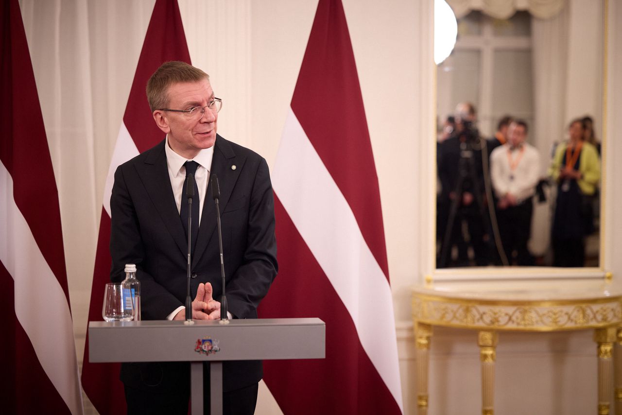 RIGA, LATVIA - JANUARY 11: (----EDITORIAL USE ONLY - MANDATORY CREDIT - UKRAINIAN PRESIDENCY / HANDOUT' - NO MARKETING NO ADVERTISING CAMPAIGNS - DISTRIBUTED AS A SERVICE TO CLIENTS----) Latvian President Edgars Rinkevics and Ukrainian President Volodymyr Zelenskyy (not seen) speak during a press conference in Riga, Latvia on January 11, 2024. (Photo by Ukrainian Presidency/Handout/Anadolu via Getty Images)