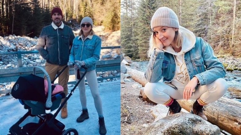 Lara Gessler pozuje z górach z roześmianą córką