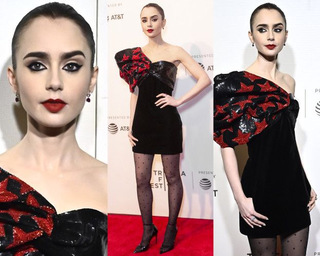 Bladolica Lily Collins odsłania ramię w kusej sukience od Saint Laurent