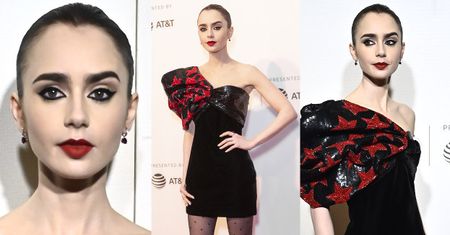 Bladolica Lily Collins odsłania ramię w kusej sukience od Saint Laurent