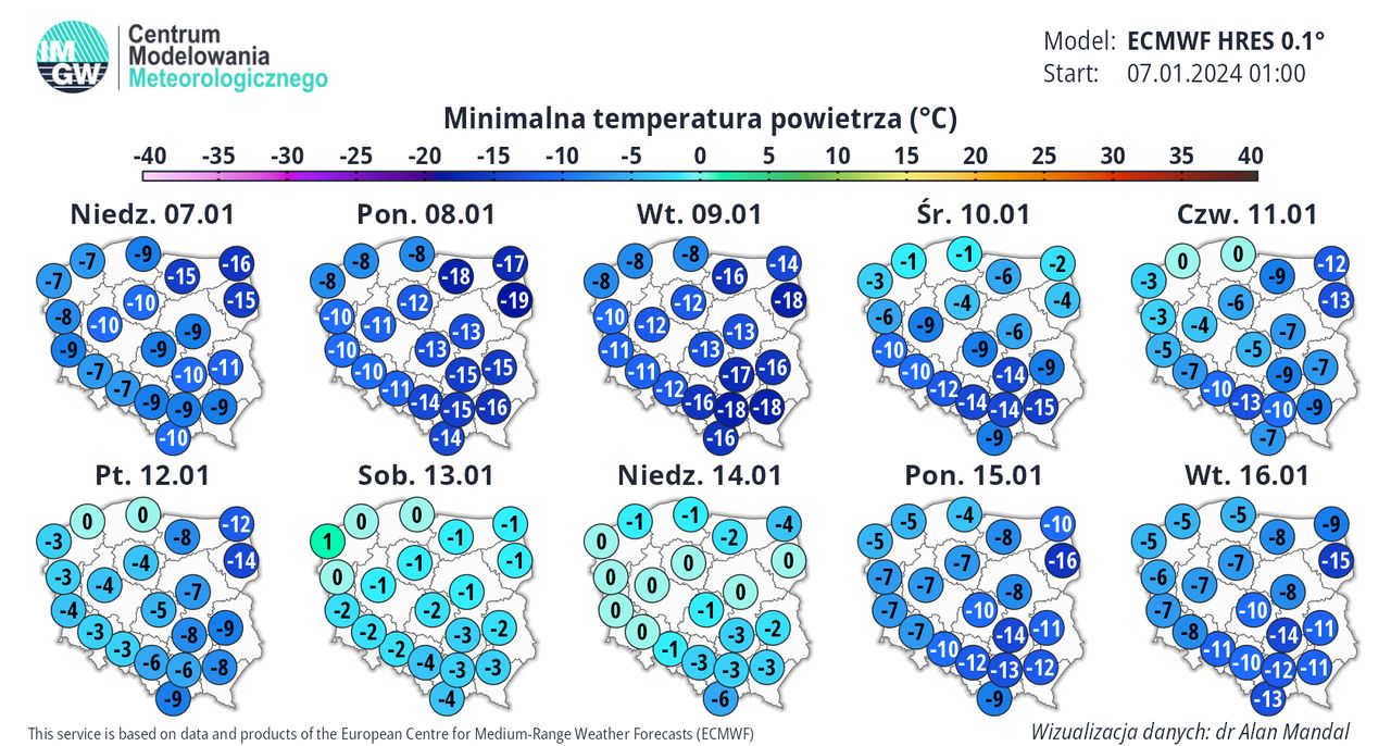 Minimalne temperatury w Polsce od 7 do 16 stycznia 2024