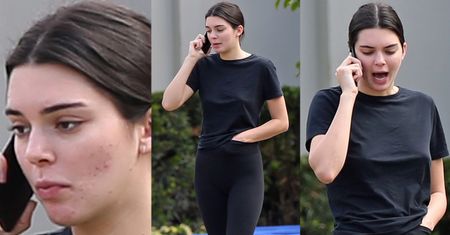 Przejęta Kendall Jenner z ręką w getrach
