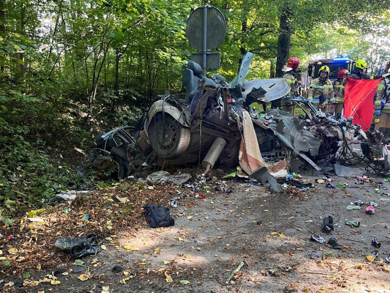 Powiat bartoszycki: Rozpędzone audi wbiło się w drzewo. Auto rozpadło się na strzępy, kierowca zginął na miejscu