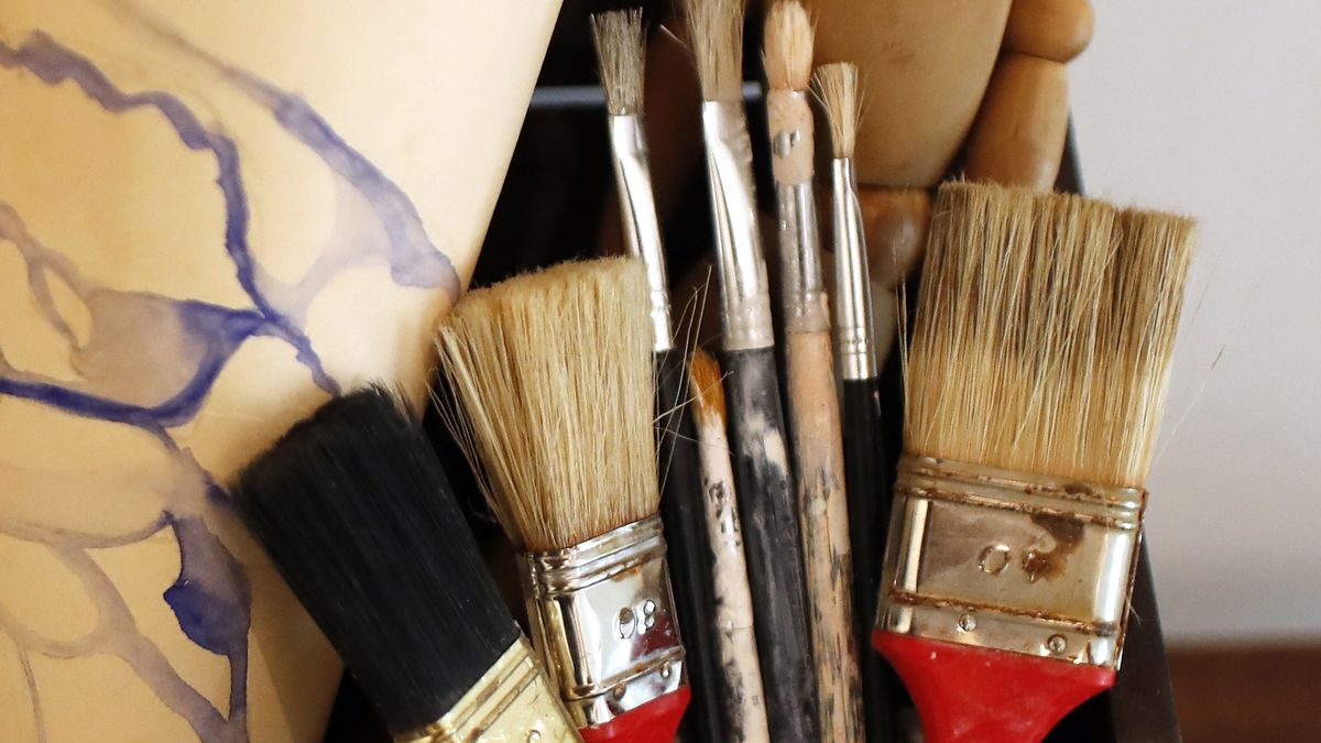 Artist's paint brushes in container on a worktable. Genoa. Italy. (Photo by: Pascal Deloche/Godong/Universal Images Group via Getty Images)
