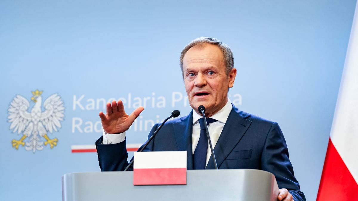 Polish Prime Minister Donald Tusk speaks to the press after bilateral talks with the Prime Minister of Canada, Justin Trudeau in the PM"s Cancellary on Ujazdowska Street in Warsaw, the capital of Poland on February 26, 2024. The meeting concentrated on the security and military arms of NATO members in the face of Russian aggression in Ukraine. (Photo by Dominika Zarzycka/NurPhoto via Getty Images)