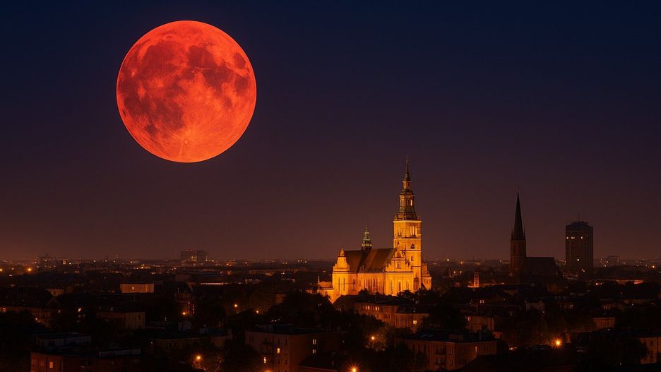 Krwawy księżyc nad miastem to bardzo fotogeniczne zjawisko. Warto je zobaczyć.