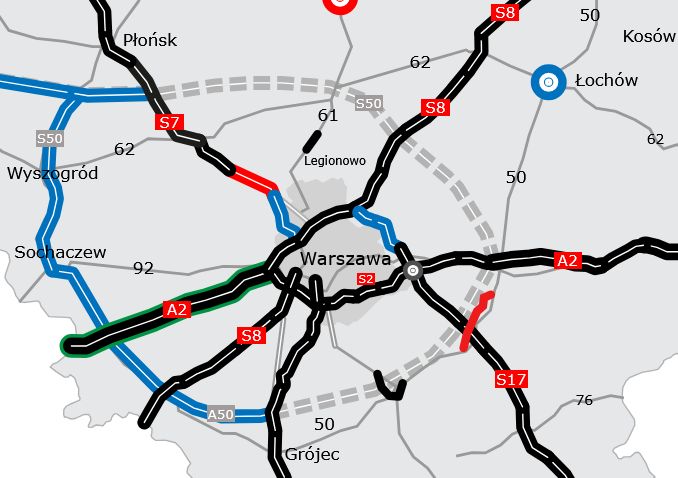 Sieć dróg szybkiego ruchu wokół Warszawy. Na czerwono - w realiz