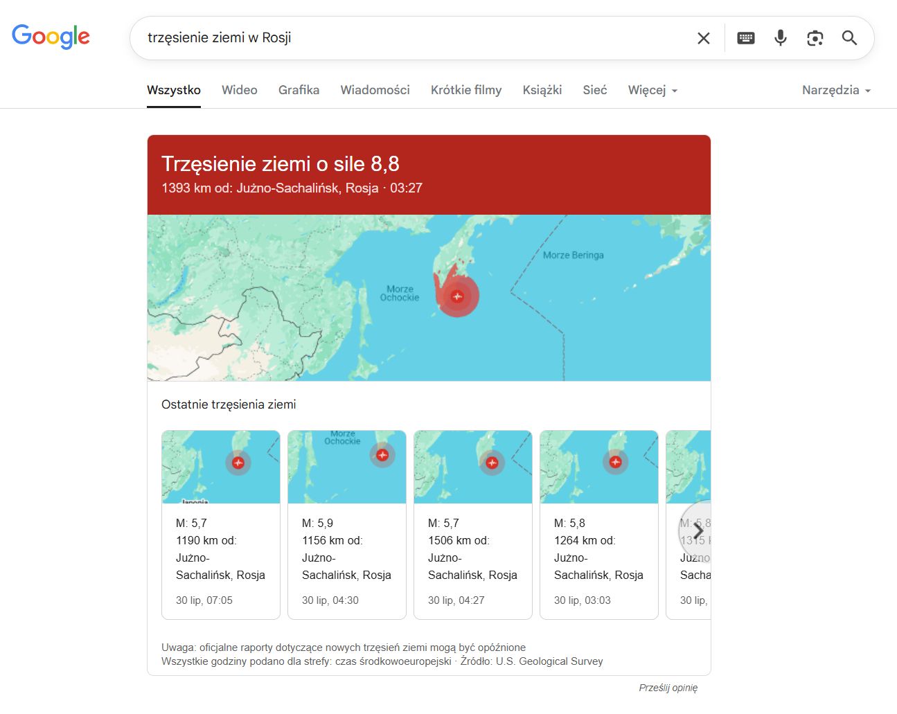 Prezentacja danych o trzęsieniu ziemi w Google
