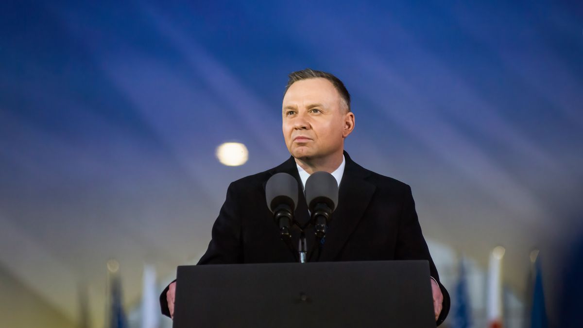 WARSAW, MAZOWIECKIE, POLAND - 2023/02/21: President of Poland, Andrzej Duda, delivers a speech at the Royal Castle Gardens in Warsaw. President Joe Biden visited Poland's capital before the first anniversary of Russia's invasion of Ukraine and gave a major speech to the Polish Nation at the Gardens of the Royal Castle in Warsaw. He said, "I can report: Kyiv stands strong. Kyiv stands proud. It stands tall and, most importantly, stands free,". He made this remark in front of 30,000 attendees waving Polish, U.S., and Ukrainian flags. (Photo by Attila Husejnow/SOPA Images/LightRocket via Getty Images)