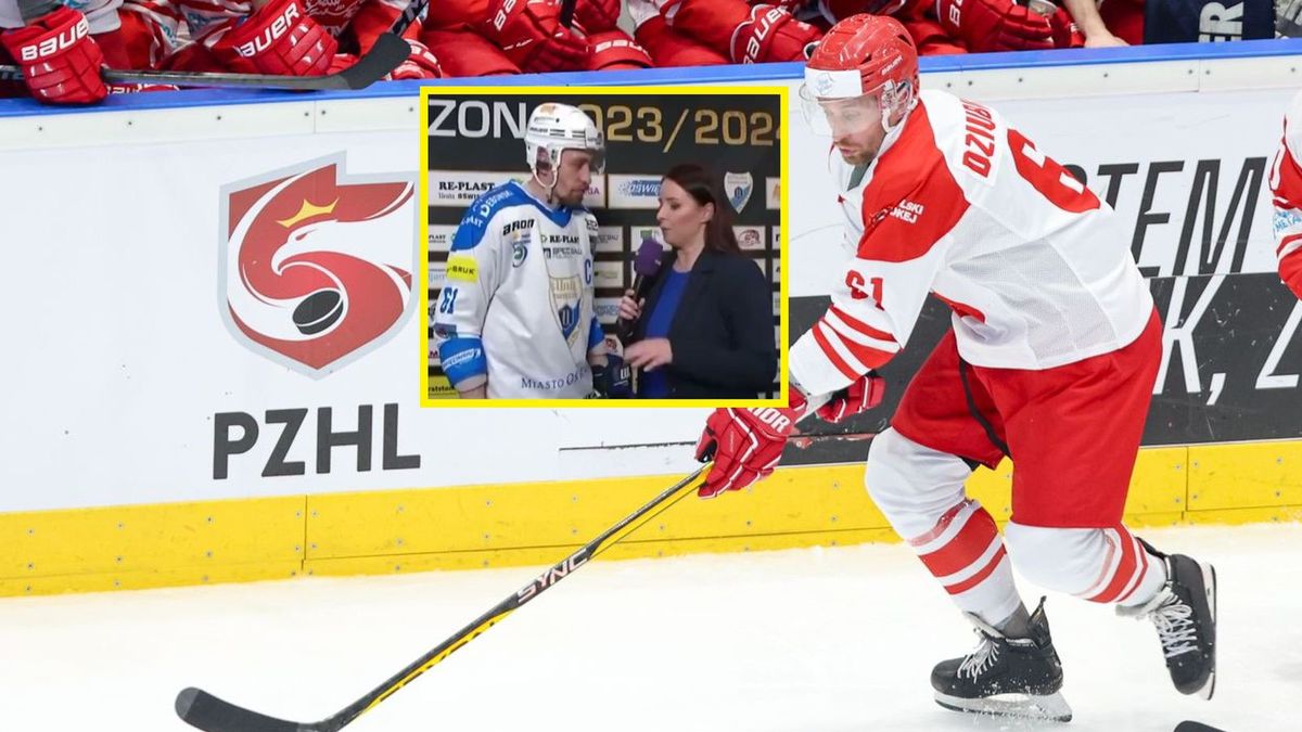 PAP / Michał Meissner/Twitter/TVP Sport / Na zdjęciu: Krystian Dziubiński (przy krążku), na małym zdjęciu: podczas wywiadu z Olgą Rybicką z TVP Sport