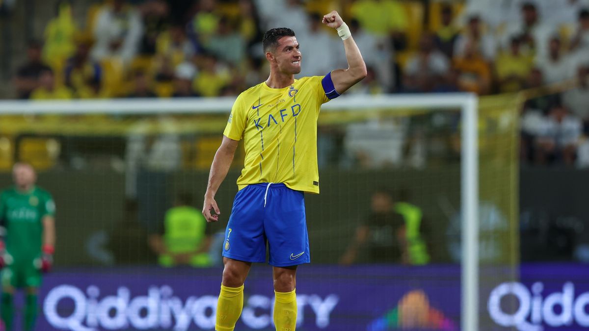 RIYADH, SAUDI ARABIA - MAY 4: Cristiano Ronaldo of Al Nassr celebrates after scoring the 2nd goal during the Saudi Pro League match between Al-Nassr and Al Wehda at Al Awwal Park on May 4, 2024 in Riyadh, Saudi Arabia.(Photo by Yasser Bakhsh/Getty Images)