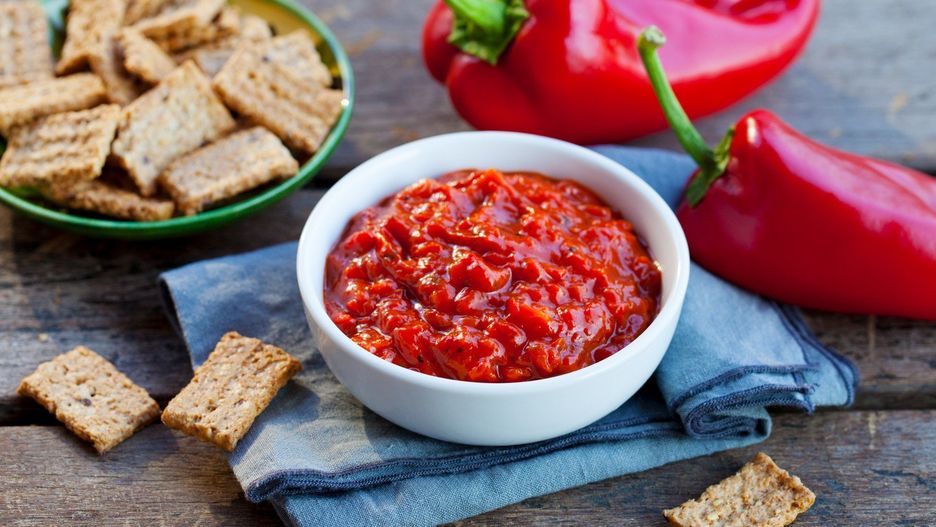 Vegetable relish, chutney, lutenica, pindjur. Traditional Balkan food. Close up.