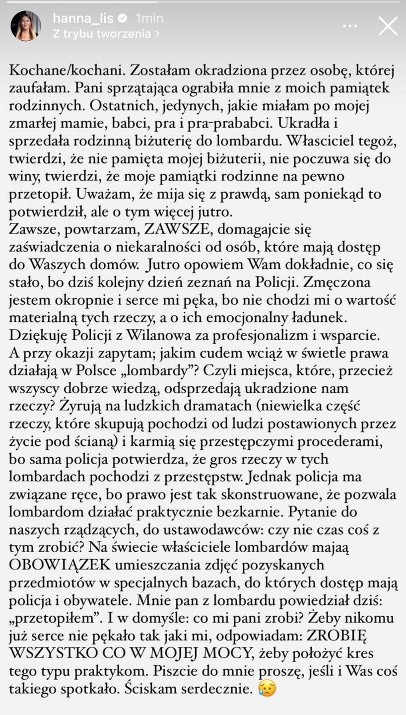 Hanna Lis została okradziona