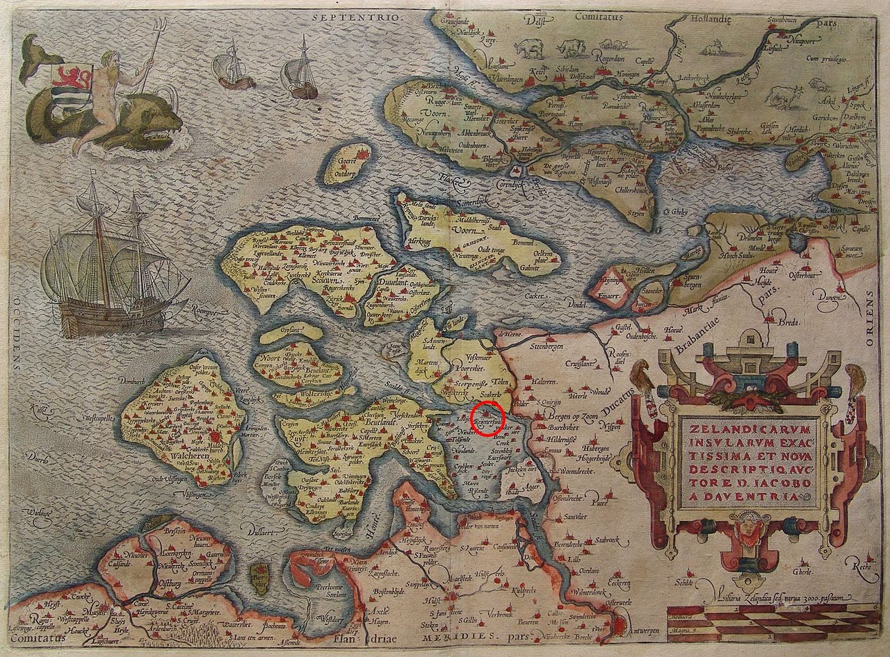 Mapa Zelandii z 1580 toku. Reimerswaal oznaczone czerwonym kółkiem (Ortelius naar v Deventer/domena publiczna).