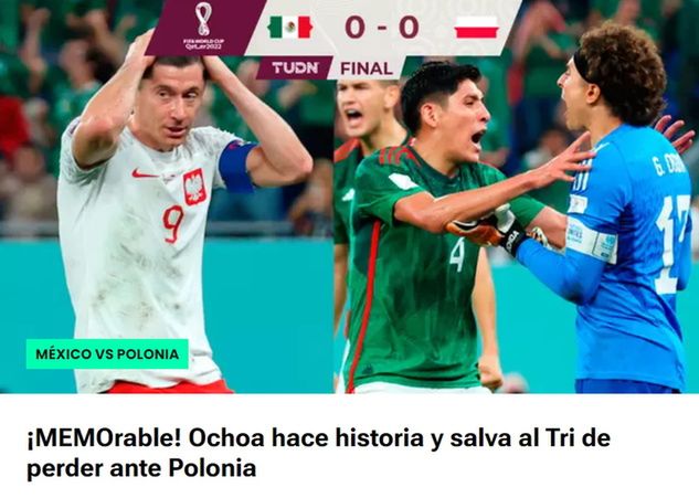"Niezapomniane! Ochoa tworzy historię i ratuje Meksyk przed porażką z Polską" (źródło: https: espanol.yahoo.com)